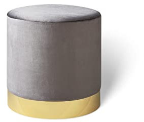 LIFA LIVING Runder Samt Pouf in grau Ø 38 cm, Zylinderförmiger Samthocker mit goldenem Detail, Fußhocker aus Samt in grau, Sitzhocker mausgrau