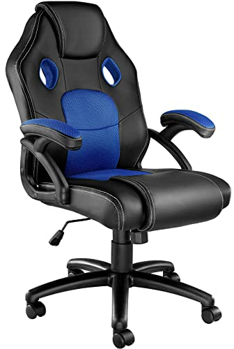 tectake® Racing Bürostuhl, Gaming Stuhl mit Wippfunktion, Chefsessel, Drehstuhl mit Rollen, höhenverstellbarer Schreibtischstuhl, Bürostuhl ergonomisch, PC Stuhl - schwarz/blau