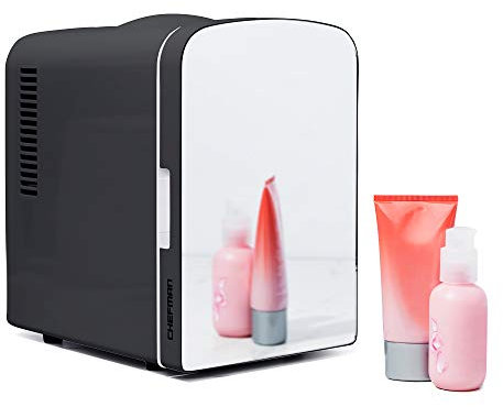 Chefman Portable Personal Fridge 4 Liter Mini Refrigerator Skin Care, Makeup Storage, Beauty, Serums And Face Masks, Small For Desktop Or Travel, Cool & Heat, Cosmetic Application, Mirror Door - Black