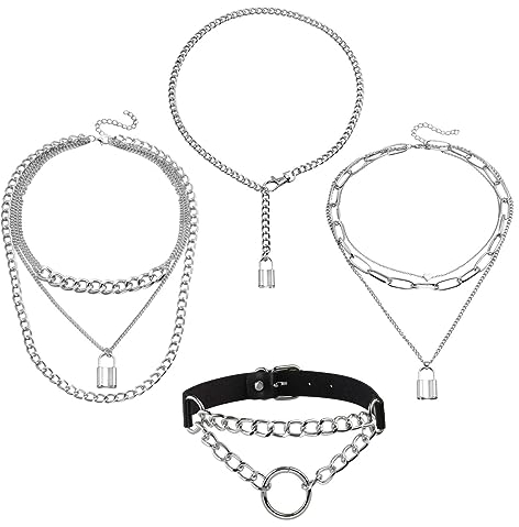 MILAKOO 4Pcs Punk Rock Gothic Style Lock Necklace Double Layer Heart Chain Choker for Women Men
