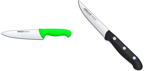 Arcos Serie 2900, Cuchillo Cocinero, Hoja De Acero Inoxidable Nitrum De 200 Mm + Maitre, Cuchillo Verduras, Acero Inoxidable Nitrum 100 Mm, Mango Polipropileno Negro