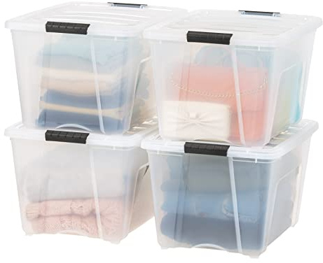 IRIS USA 54 Qt Stackable Plastic Storage Bins with Lids, 4 Pack - BPA-Free, Made in USA - See-Through Organizing Solution, Latches, Durable Nestable Containers, Secure Pull Handle - Clear