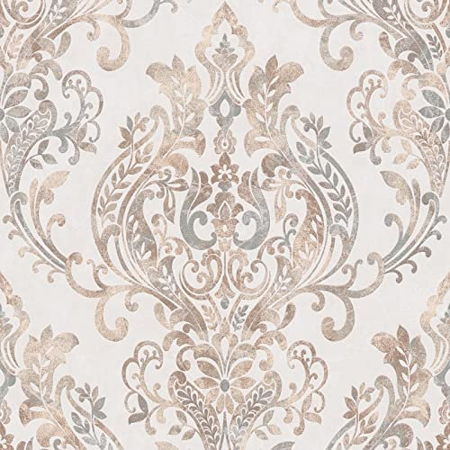 Papier peint salon style baroque beige & gris | Tapisserie baroque élégante couloir & chambre | Papier peint vinyle damassé | Papier excellent rapport qualité/prix