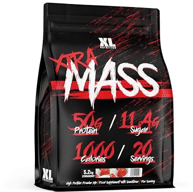 XL Nutrition Xtra Mass 5.2kg Mass Gainer - Serious Mass Protein Powder - 50g Protein, 1000 Calories, Creatine Monohydrate, BCAA, Glutamine - 20 Servings, Strawberry Flavour