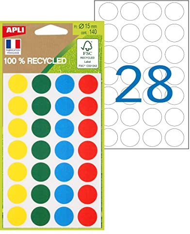 APLI 101786-100% Recycling-Farbtabletten - 140 Tabletten - verschiedene Farben: grün, blau, rot, gelb, Ø 15 mm