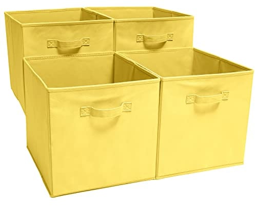 EZOWare Set of 4 Collapsible Storage Cubes, Foldable Fabric Organiser Basket Bin Boxes Set with Handles for Baby Kids Toy Nursery Room Home Closet Drawers - 33 x 37 x 33cm / Yellow