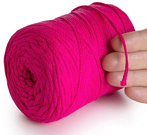 MeriWoolArt® Makramee Garn Neon Rosa 2 mm x 250 m Baumwollkordel, recyceltes weiches Baumwollgarn für das Stricken von Pflanzenhängern, Schmuckherstellung, Häkeltaschen