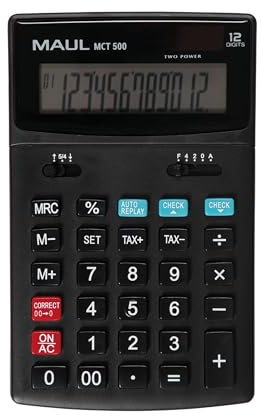 MAUL Kaufmännischer Taschenrechner MCT 500 | Rechner mit kaufmännischen Funktionen und 12-stelligem Display | große, angewinkelte Anzeige | inkl. Steuerberechnung | Solar/Batterie | Schwarz