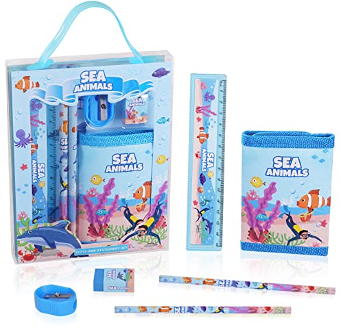 Vicloon Wasserlebewesen Schreibwaren Set, Schreibwaren Geschenkset, Radiergummi, Anspitzer, Brieftasche, Lineal, Bleistift, Kinder Mitgebsel, Geschenk Set für Mädchen und Junge(Wasserlebewesen)