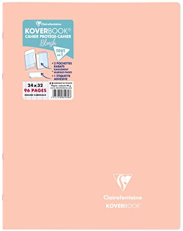 Clairefontaine 981479C Un Cahier Agrafé Koverbook Blush Corail - 24x32 cm - 96 Pages Grands Carreaux - Papier Blanc 90 g - Couverture Polypro Opaque