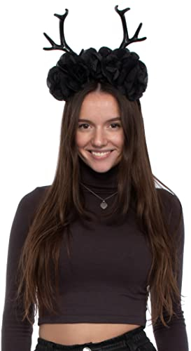 Brandsseller Haarreif Reh Geweih mit 5 schwarzen Rosen Hirsch Rentier Karneval Verkleidung Accessoires