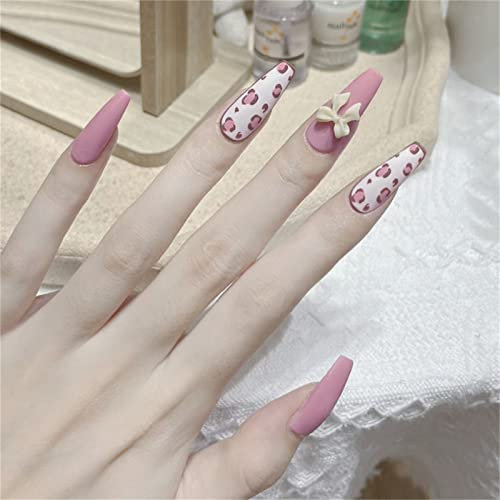 24pcs Leopard Print Pink Fake Nail Full Cover Coffin Long Press on Nails with Glue for Women and Girls Nail Art Manicure Decoration