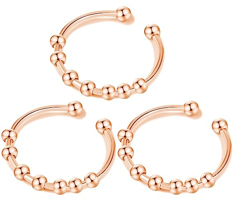 LEEQBCR - 3 Stück Edelstahl Anxiolytischer Anti-Stress-Ring, Einstellbar, Swivel-Fingerspitzenring, Dekompressionsset für Frauen und Männer (Roségold)