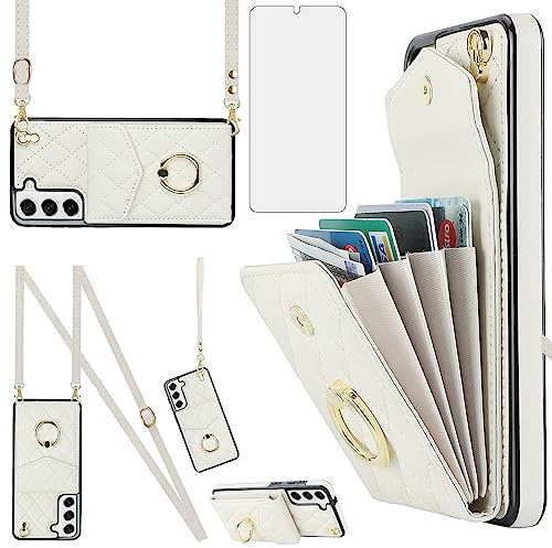 Asuwish Phone Case for Samsung Galaxy S22 Plus S22+ 5G Wallet Cover with Tempered Glass Screen Protector and Crossbody Ring RFID Blocking Card Holder Cell S22+5G S22plus 22S + S 22 22+ Women Off White