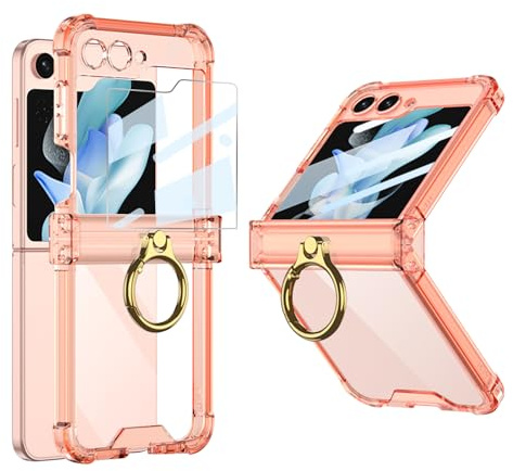 FODDOM for Samsung Galaxy Z Flip 5 Case Clear Hinge Protection with Ring [Never Yellow ], Built-in Screen Protector, Slim Thin Fit Transparent Soft All-Inclusive Shockproof Phone Case Cover (Orange)