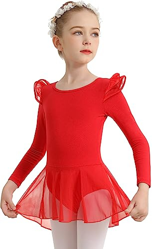 DANSHOW Mädchen Ballett Trikot für den Tanz, Langärmelig, Wassertropfen, Hohler Rücken, Netzrock, Tanz-Trikot (Kleinkind/Kind/großes Mädchen)(23823-04-XL)