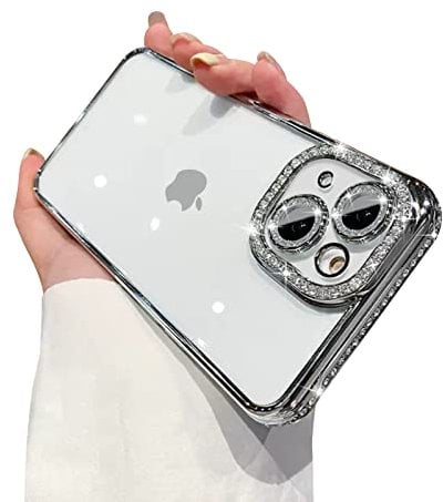 Ownest Compatible with iPhone 15 Case,Sparkle Diamond Camera Len Protector Glitter Clear Case,Crystal Bling Cute Aesthetics Phone Case Shockproof for iPhone 15 - Silver