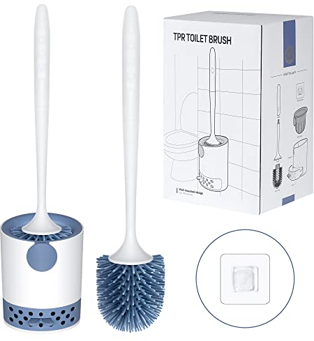 Hengsong Klobürste,2 Toilettenbürste,WC Bürste mit Schnell Trocknendem Halter,Toilet Brush mit Flexiblen Borsten,Wandmontiert Oder Stehend,Ohne zu Bohren,für Badezimmer,TPR&PP,Blau