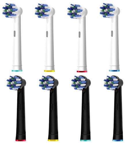 8 Stück Cross Clean Ersatzköpfe kompatibel mit Braun Oral B Elektrische Zahnbürste, 4 Stück Weiß und 4 Stück Schwarz.