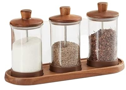 Azucarero Salero Botes Especias Juego De Botellas De Vidrio Para Condimentos Con Cuchara Y Bandeja Con Tapa De Madera, Tarro Para Condimentos, Caja De Condimentos Para Sal, Cocina Casera Frascos Espec