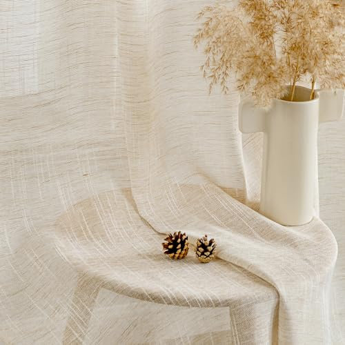 Woaboy Gardinen Leinen Halbtransparent Ösenvorhänge Wohnzimmer Schlaufengardinen Leinenoptik Fensterschal Schlafzimmer Modern Gardine Stores 2er Set 140x225cm (BxH) Weiß Beige