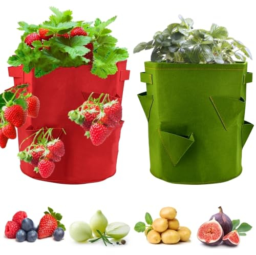 KLYNGTSK 2 Pack Strawberry Grow Bags Felt Strawberry Planter 7 Gallon Vegetable Grow Plant Bag Vegetable Planter Container with 6 Window Garden Planting Growing Bags for Fruits Flower Herbs(35*30cm)