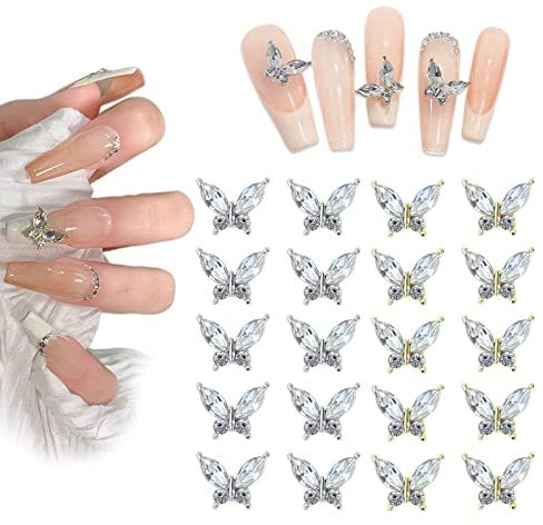 3D Butterfly Nail Charms, 20 Pcs Shiny Butterfly Nail Rhinestones Gems Gold Silver Nail Art Charms Luxury Crystal Nail Jewelry for Nail Art Decoration DIY Crafts (Gold+Silver C)