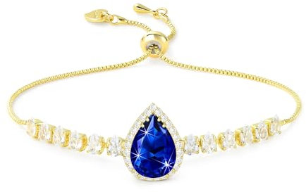 Linawe Crystal Imitation Diamond Gold Charm Bracelets for Women Trendy, Sapphire Blue Rhinestone Birthstone Cubic Zirconia Chain Adjustable Bracelet Set, Prom Wedding Preppy Jewellery