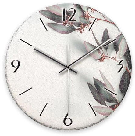 Kreative Feder Wanduhr „Eukalyptus“ aus Stein (Keramik) in Schiefer-Optik; Durchmesser 30cm; mit leisem Uhrwerk (Eukalyptus, leises Funkuhrwerk)