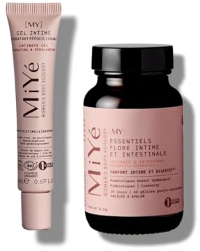 Pack probiotiques flore intime + Gel intime hydratant enrichi en acide hyaluronique & postbiotiques | Hydrate & rééquilibre le pH physiologique et la flore intime | MiYé