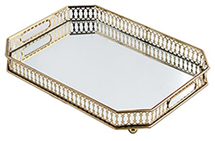 Spiegeltablett, Goldene Vintage Glasbox Schmuck Kosmetik Organizer Tablett Dekorative Tablett für Kommode Badezimmer Schlafzimmer Wohnkultur (Rechteckig)