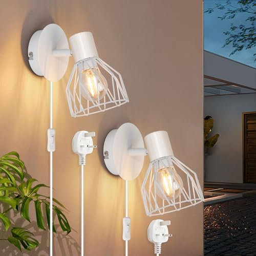 Kimjo Plug in Wall Lights for Bedroom - Wall Light Plug in Wall Lamp with Switch and Cable - Wall Lighting Fixtures Rotatable Wall Sconce Lights E14 - White Wall Light for Living Room 2 Packs No Bulb
