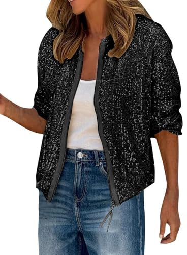 shownicer Jacke Damen Pailletten Langarm Mantel Elegant Glitzer Bomberjacke Bikerjacke Übergangsjacke Herbst Frühling Leicht Jacke A Schwarz XL