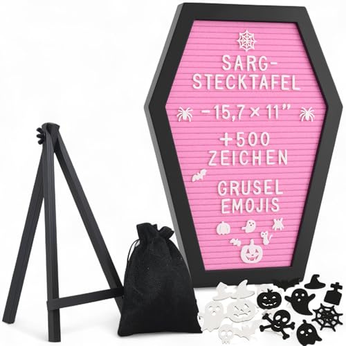 MIJOMA Sarg Stecktafel Buchstabentafel mit über 500 Zeichen, gruseligen Emojis und Holzständer - 40x28.5 cm - Gothik Letterboard Halloween-Deko, gruseliges Halloweengeschenk (Rosa)