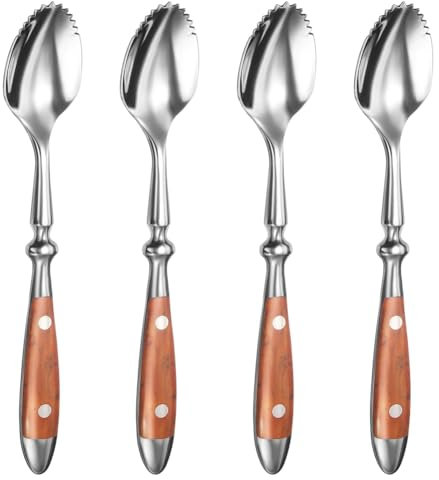 Fowecry Grapefruitlöffel-Set, 4-teilig, gezackter Grapefruitlöffel, Edelstahl 18/8, Obstlöffel, Kiwi-Löffel-Set mit Holzgriff