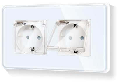 LIAONFOY Runde Schuko Doppelt Steckdose mit Deckel Unterputz 2 Fach Wandsteckdose weiß Farbe mit Glasrahmen 16Amp 110-250V 157mm