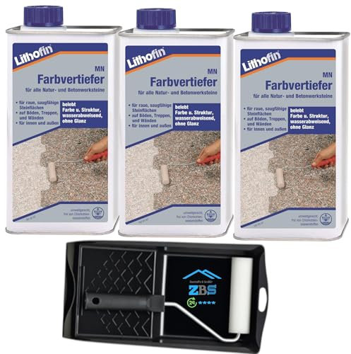 zbs24 Lithofin MN Farbvertiefer Set für den Außenbereich, lösemittelhaltige Imprägnierung für Pflastersteine, Terrassenplatten und Wände, verstärkt natürliche Farben, mit Farbrollerset (3 Liters)