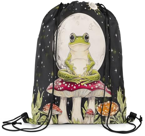 Loussiesd Netter Frosch Dekor Turnbeutel 30x40cm Männer Frauen Pilz Dekor Rucksack mit Kordelzug Ultra Mond Kein Tröster Botanisches Thema Sportsack Gym Sack Pilz Sportsack Gym Sack