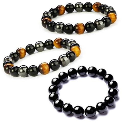 2 Stück 8/10MM Tigerauge Armband 1 Stück 8MM Obsidian Armband mit dreifachem Schutz Unique Chakra Buddha Schwarzer Turmalin Stein Armbänder Stretch Energiearmband Unisex für Freunde Ehemann Vater