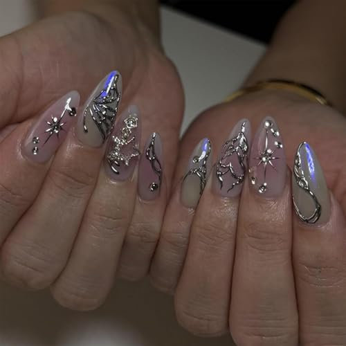 GlamRays 24 Pièces Ongles Pressés Amande Courte Printemps Conseils d'Ongles Kit Acrylique 3D Strass Alliage Charme Ongles Artificiels Pressés Coleur Française