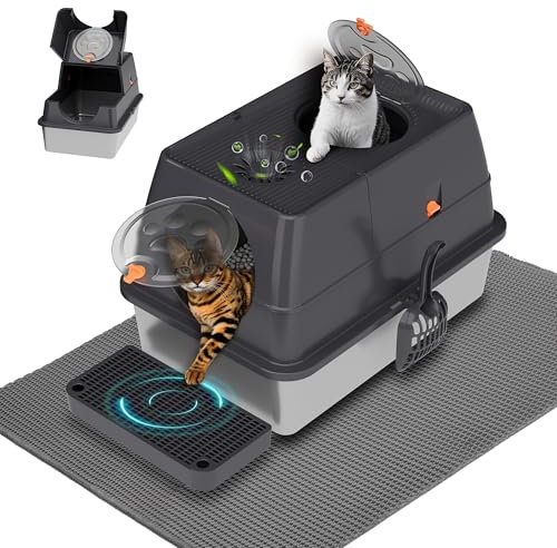 Citylife Stainless Steel Litter Box with Lid, Removable, Enclosed Large cat litter tray with Double Layer Litter Mat and Steps, Scoop, 120° flip-top Easy Cleaning, Non-Sticky, Non-Odor, Dark Grey