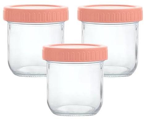 Lot de 3 bocaux en verre avec couvercles, 325 ml à large goulot avec couvercle à visser anti-fuite pour le stockage des aliments, aliments secs, collations, bonbons, haricots, yaourt (rose)
