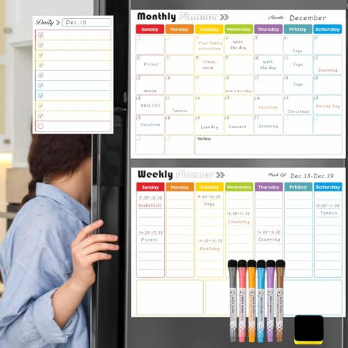 3 Pack Magnetic Dry Erase Calendar Whiteboard for Fridge, A3 Monthly, Weekly & A5 Daily Planners Dry Erase Reusable Fridge Planners with 6 Markers & Eraser (Classic A (Monthly + Weekly + Daily))