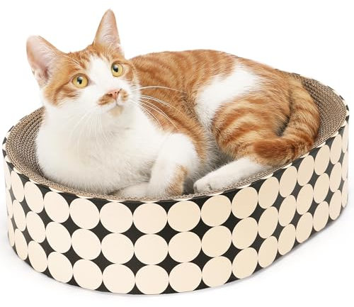 FUKUMARU Cat Scratcher Cardboard Lounge Bed, 2-in-1 Cat Scratch Pad, Oval Cats Scratching Board Indoor, Durable Modern Kitty Scratcher Bowl, Cats Scratch Furniture Protector, Polka Dot