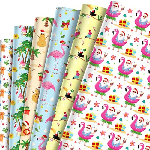 HOWAF 12 Sheets Summer Christmas Wrapping Paper, Tropical Christmas July Gift Wrapping Paper, Beach Santa Party Favors Gift Decor Hawaiian Flamingo Wrap Papers with Palm Tree Snowman