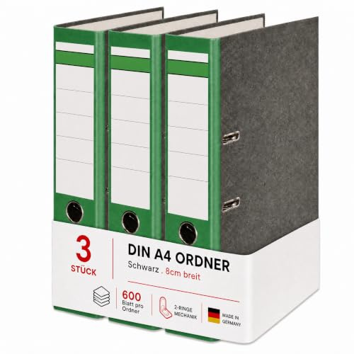 Conipa Ordner A4 Breit 8 cm, 3 Stück, Grün, für bis zu 600 Blatt | Robuste Aktenordner mit 2-Ring-Hebelmechanik, Griffloch und Recyclingkarton – für Büro, Schule & Homeoffice, Made in Germany
