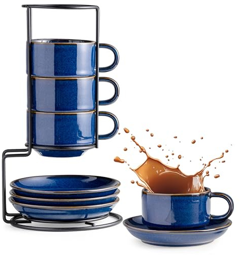Gomakren 6oz Cappuccino Cups Set of 4 with Saucers Metal Rack, Cobalt Blue | Space-Saving Stackable Cups for Coffee Drinks | Lead-Free Thick Porcelain, Heat Retention, Dishwasher Safe, Anti-Slip Saucers