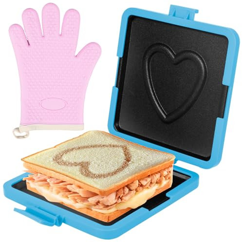 Sandwichmaker Grill Sandwich Maker Camping Sandwichtoaster für Mikrowelle Herzform Wireless Mit Handschuhen (Blau)