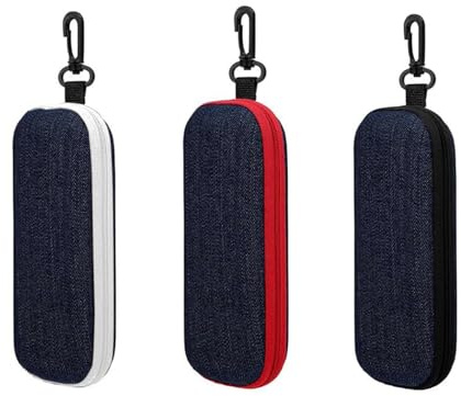 Skywolkite Brillenetui Hardcase, 3 Stück Denim Sonnenbrille Etui | Brillenbox mit Reißverschluss für Herren Damen, Brillenetui mit Karabinerhaken für Sonnenbrille, Lesebrille, Myopiebrille