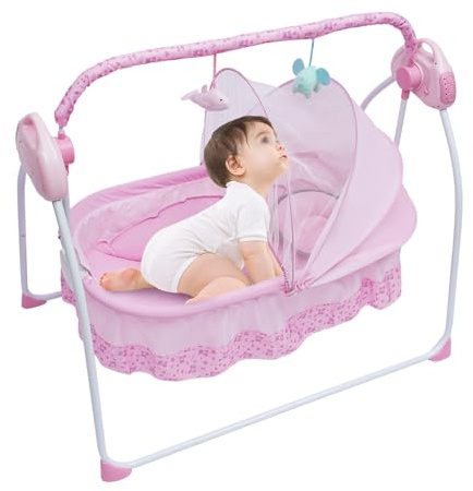 biniliubi Berceau électrique pour bébé, lit Bebe indépendant, 0-25 kg, 100 * 75 * 86cm, transat Automatique avec Bluetooth, 5 réglages de Balancement, Berceau Pliable et Portable, Rose